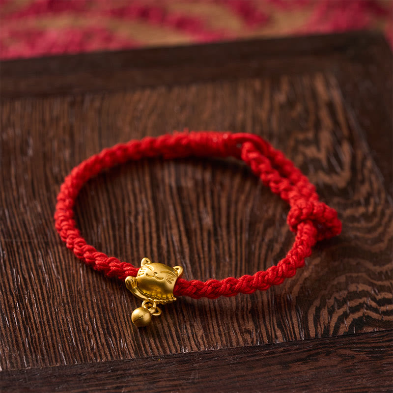 Buddha Stones Bracciale protettivo intrecciato a mano con ciondolo a forma di gatto portafortuna in rame e filo rosso tibetano. - image 14
