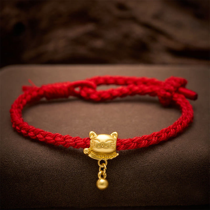 Buddha Stones Bracciale protettivo intrecciato a mano con ciondolo a forma di gatto portafortuna in rame e filo rosso tibetano. - image 13