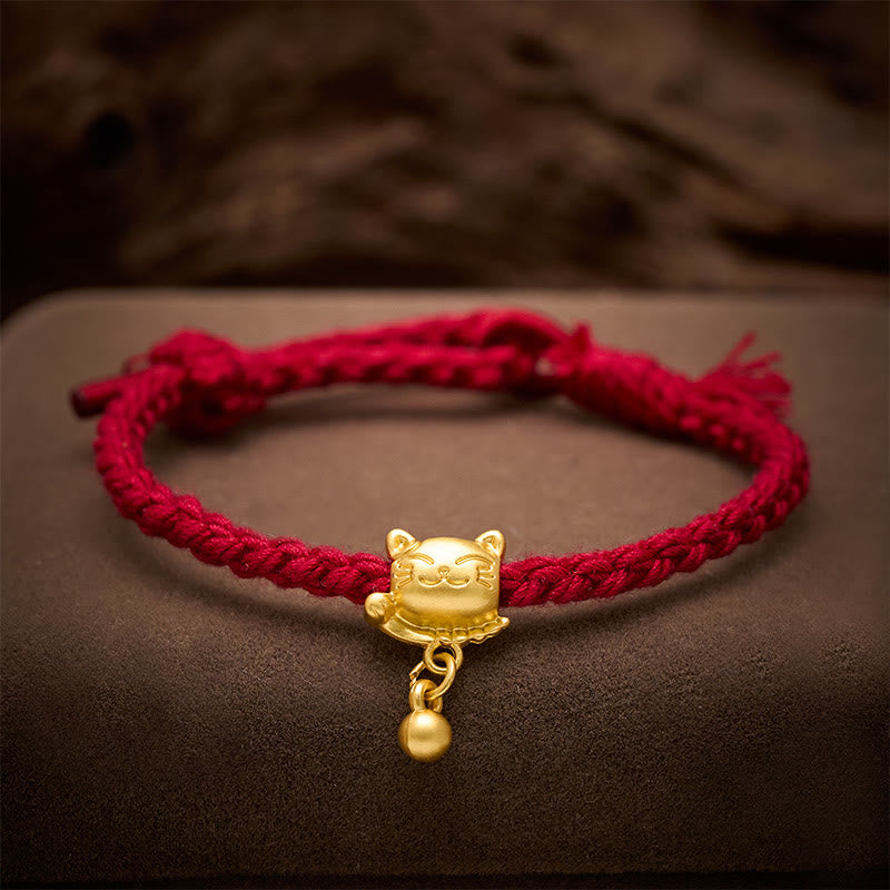 Buddha Stones Bracciale protettivo intrecciato a mano con ciondolo a forma di gatto portafortuna in rame e filo rosso tibetano. - image 3