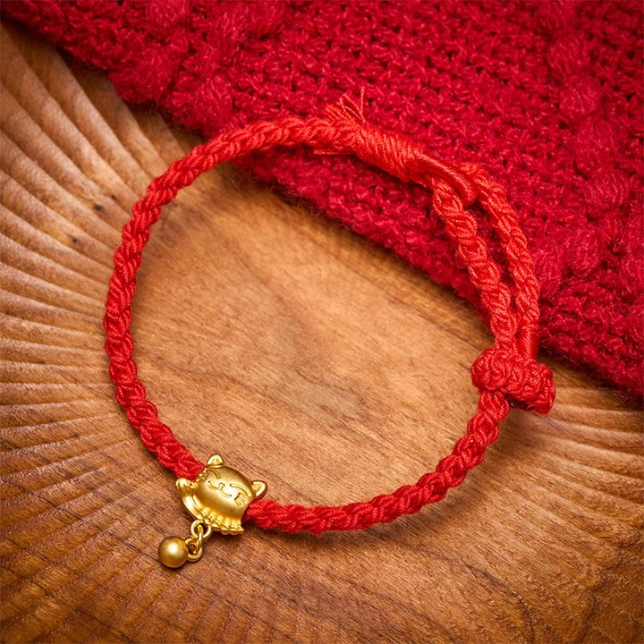 Buddha Stones Bracciale protettivo intrecciato a mano con ciondolo a forma di gatto portafortuna in rame e filo rosso tibetano. - image 11