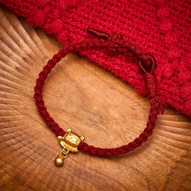 Buddha Stones Bracciale protettivo intrecciato a mano con ciondolo a forma di gatto portafortuna in rame e filo rosso tibetano. - image 1