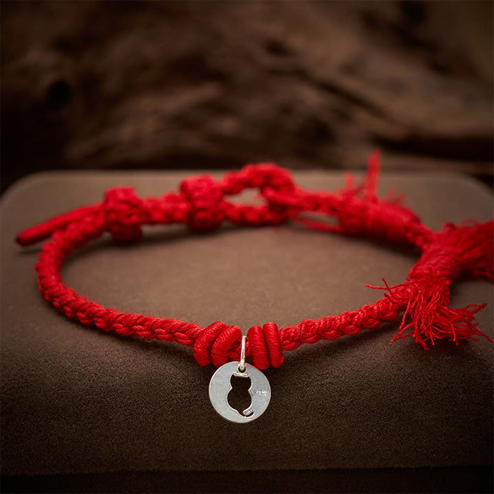 Buddha Stones Braccialetto con ciondolo a forma di gatto rotondo cavo in argento sterling 925 con cordino rosso di protezione. - image 3