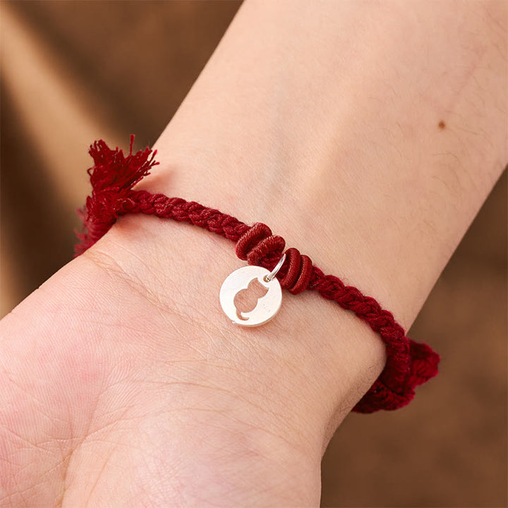 Buddha Stones Braccialetto con ciondolo a forma di gatto rotondo cavo in argento sterling 925 con cordino rosso di protezione. - image 15