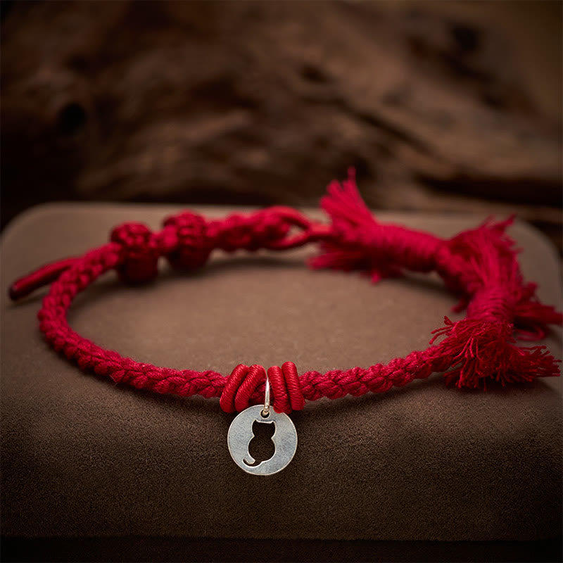 Buddha Stones Braccialetto con ciondolo a forma di gatto rotondo cavo in argento sterling 925 con cordino rosso di protezione. - image 13