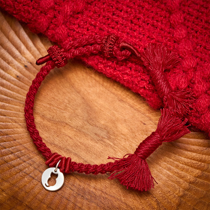 Buddha Stones Braccialetto con ciondolo a forma di gatto rotondo cavo in argento sterling 925 con cordino rosso di protezione. - Rosso scuro (circonferenza del polso 14–17 cm) - image 10