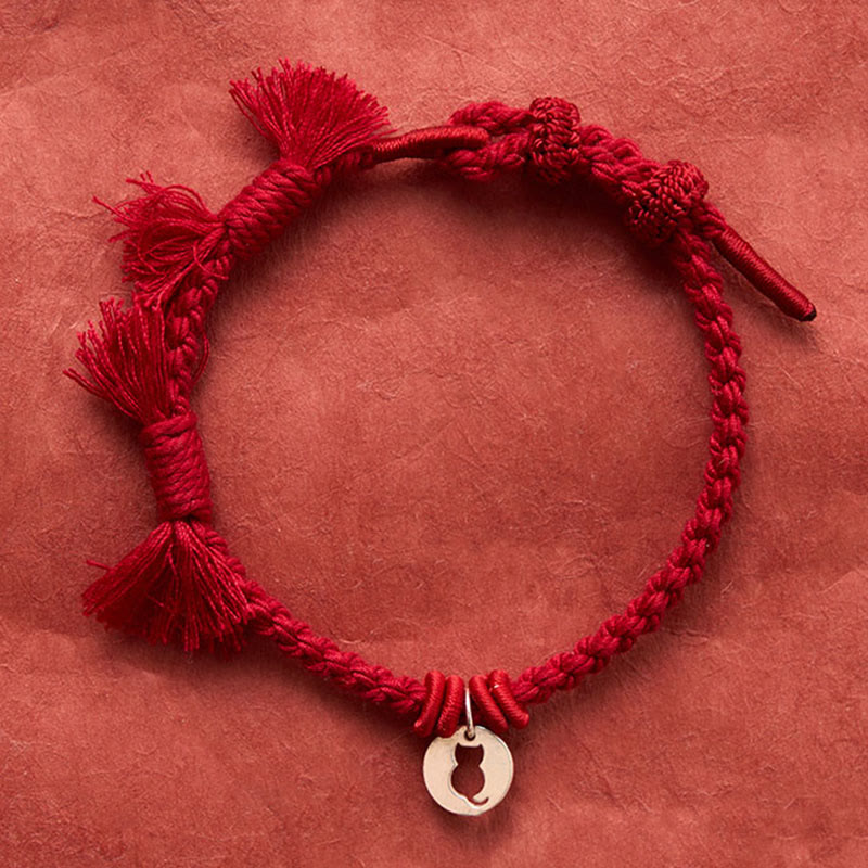 Buddha Stones Braccialetto con ciondolo a forma di gatto rotondo cavo in argento sterling 925 con cordino rosso di protezione. - image 4