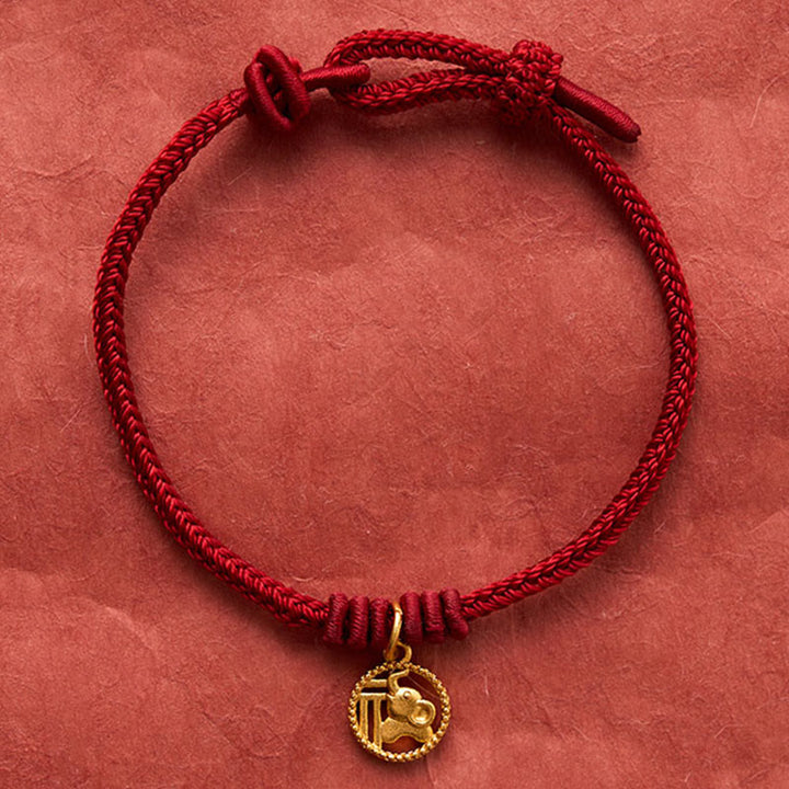Buddha Stones Braccialetto portafortuna con personaggio Fu, rame placcato oro e cordino rosso, simbolo di ricchezza. - image 15