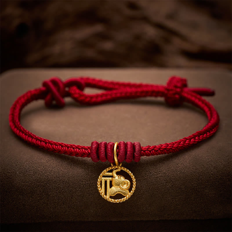 Buddha Stones Braccialetto portafortuna con personaggio Fu, rame placcato oro e cordino rosso, simbolo di ricchezza. - Rosso scuro (circonferenza del polso 15-18 cm) - image 11