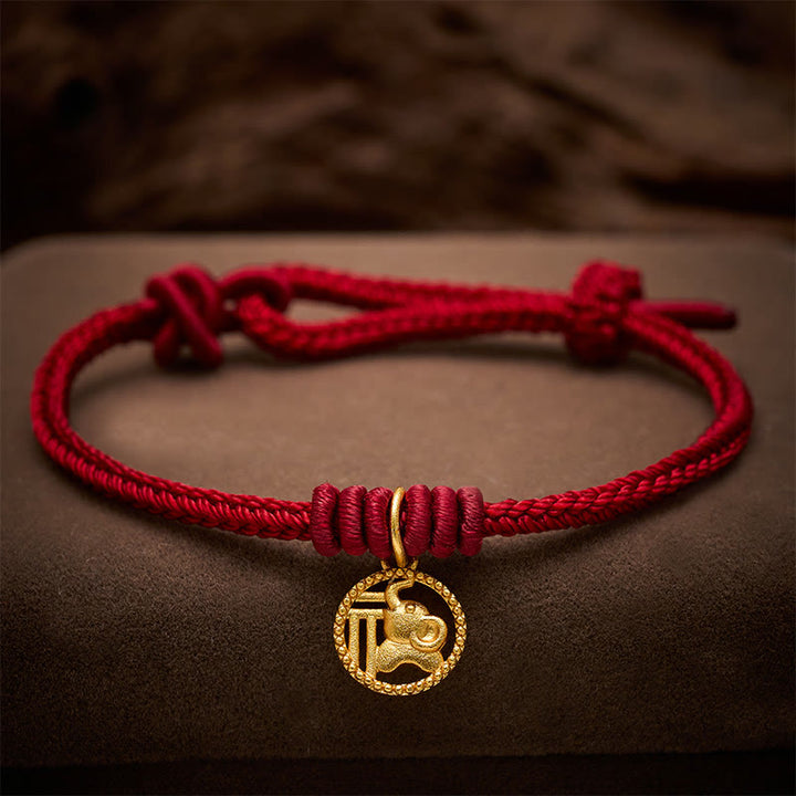 Buddha Stones Braccialetto portafortuna con personaggio Fu, rame placcato oro e cordino rosso, simbolo di ricchezza. - Rosso scuro (circonferenza del polso 15-18 cm) - image 11