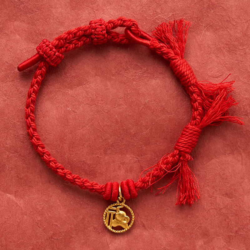 Buddha Stones Bracciale tibetano con bilancia in rame placcato oro con carattere Fu dell'elefante e cordino rosso. - image 4