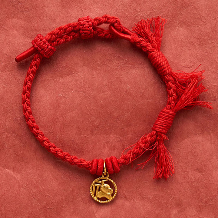 Buddha Stones Bracciale tibetano con bilancia in rame placcato oro con carattere Fu dell'elefante e cordino rosso. - image 4
