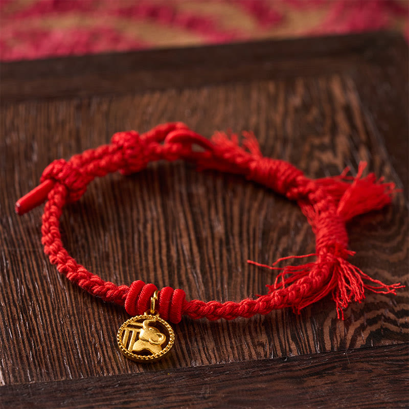 Buddha Stones Bracciale tibetano con bilancia in rame placcato oro con carattere Fu dell'elefante e cordino rosso. - image 2