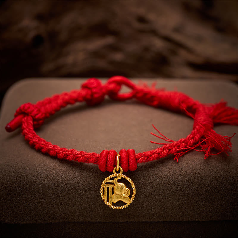 Buddha Stones Bracciale tibetano con bilancia in rame placcato oro con carattere Fu dell'elefante e cordino rosso. - image 3