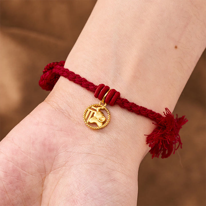 Buddha Stones Bracciale tibetano con bilancia in rame placcato oro con carattere Fu dell'elefante e cordino rosso. - image 16