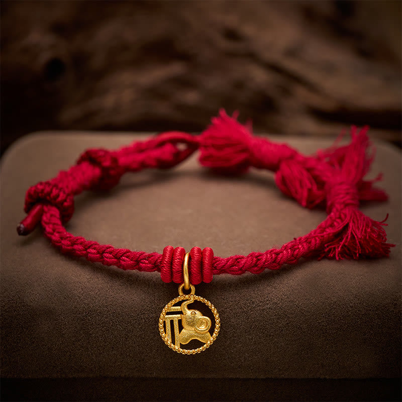 Buddha Stones Bracciale tibetano con bilancia in rame placcato oro con carattere Fu dell'elefante e cordino rosso. - image 14