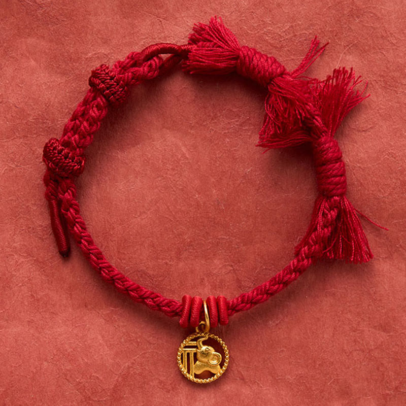Buddha Stones Bracciale tibetano con bilancia in rame placcato oro con carattere Fu dell'elefante e cordino rosso. - image 15