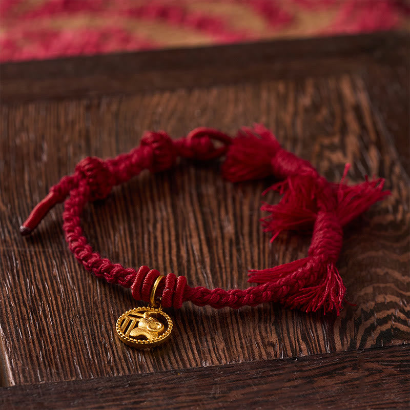 Buddha Stones Bracciale tibetano con bilancia in rame placcato oro con carattere Fu dell'elefante e cordino rosso. - image 13