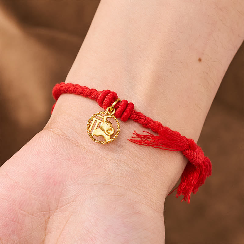 Buddha Stones Bracciale tibetano con bilancia in rame placcato oro con carattere Fu dell'elefante e cordino rosso. - image 5