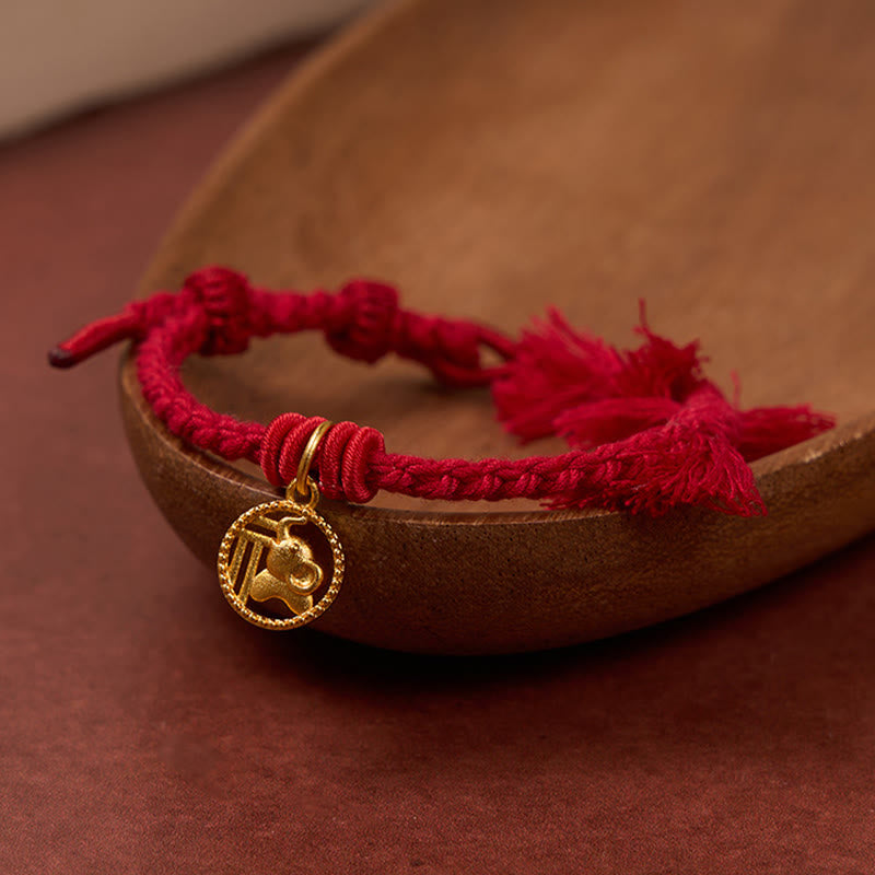 Buddha Stones Bracciale tibetano con bilancia in rame placcato oro con carattere Fu dell'elefante e cordino rosso. - image 12