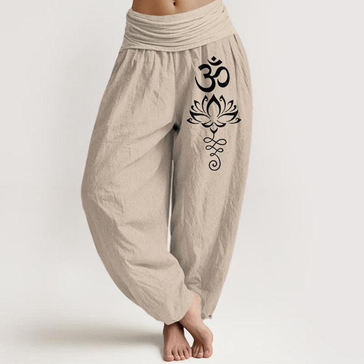 Buddha Stones Pantaloni harem da donna in puro cotone con motivo loto Om e vita elasticizzata. - Tan - US16, UK/AU20, EU48 (3XL) - image 11