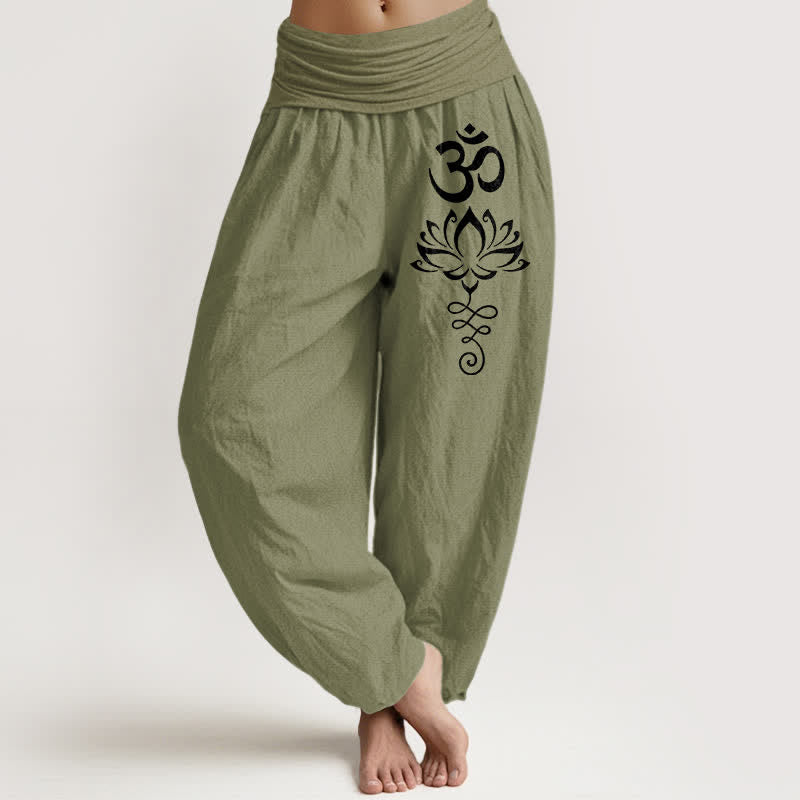 Buddha Stones Pantaloni harem da donna in puro cotone con motivo loto Om e vita elasticizzata. - Verde oliva - US16, UK/AU20, EU48 (3XL) - image 14