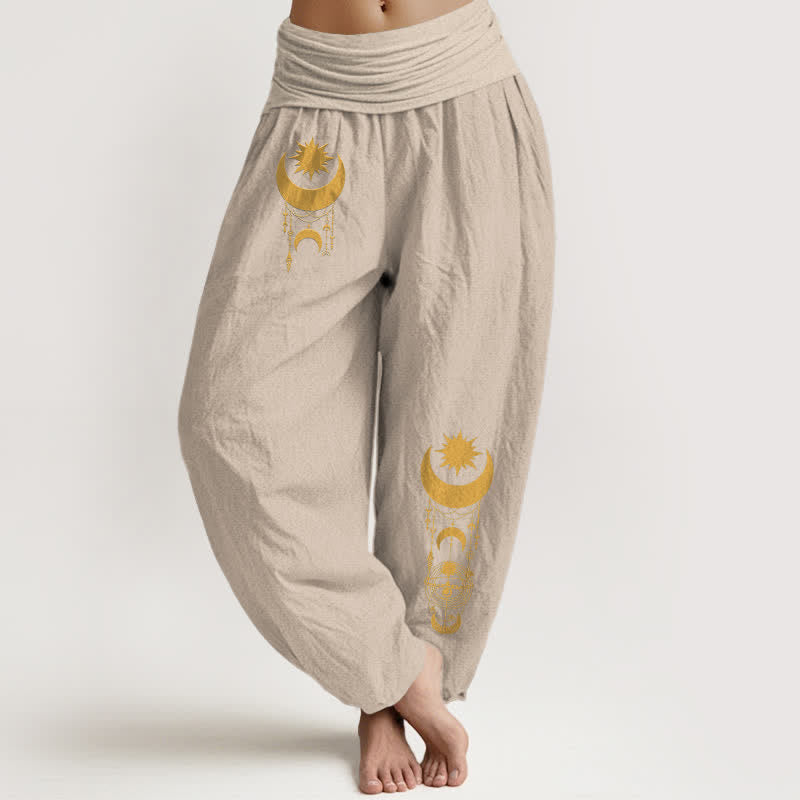 Buddha Stones Pantaloni harem da donna in puro cotone con motivo a mezzaluna dorata e stelle, con elastico in vita. - Tan - US16, UK/AU20, EU48 (3XL) - image 14
