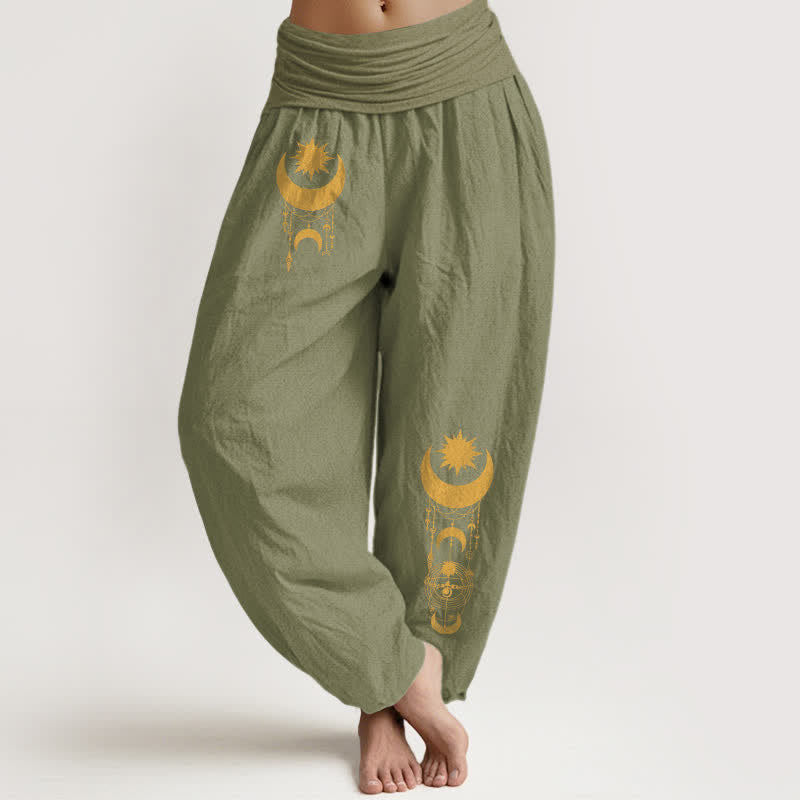 Buddha Stones Pantaloni harem da donna in puro cotone con motivo a mezzaluna dorata e stelle, con elastico in vita. - Verde oliva - US16, UK/AU20, EU48 (3XL) - image 11