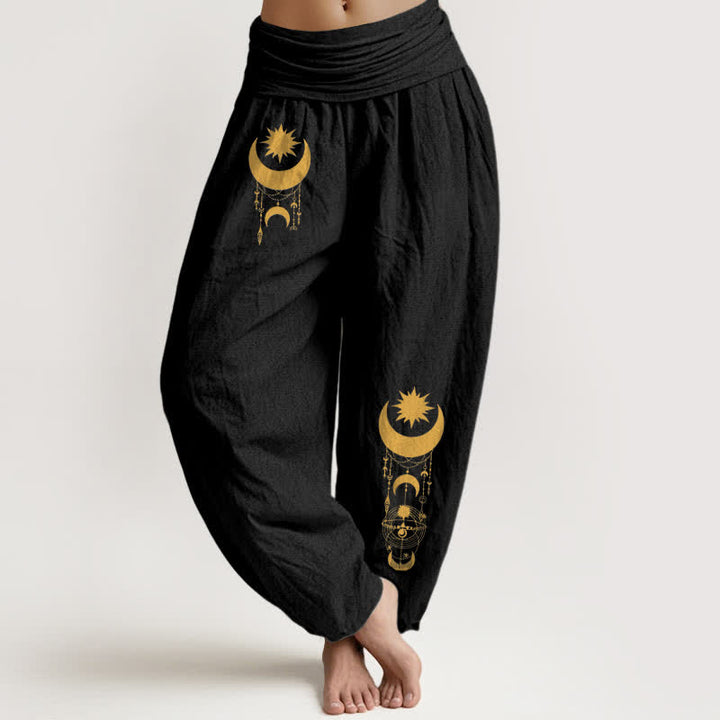 Buddha Stones Pantaloni harem da donna in puro cotone con motivo a mezzaluna dorata e stelle, con elastico in vita. - Nero - US16, UK/AU20, EU48 (3XL) - image 5
