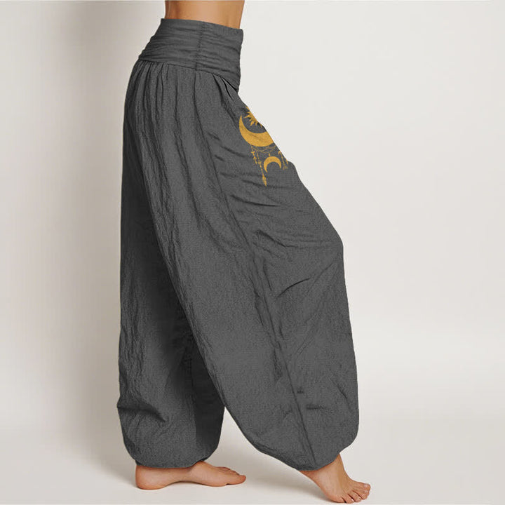 Buddha Stones Pantaloni harem da donna in puro cotone con motivo a mezzaluna dorata e stelle, con elastico in vita. - image 1