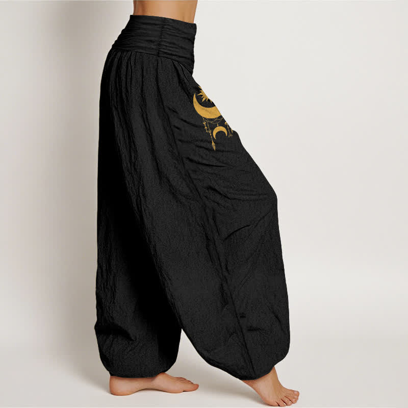 Buddha Stones Pantaloni harem da donna in puro cotone con motivo a mezzaluna dorata e stelle, con elastico in vita. - image 6