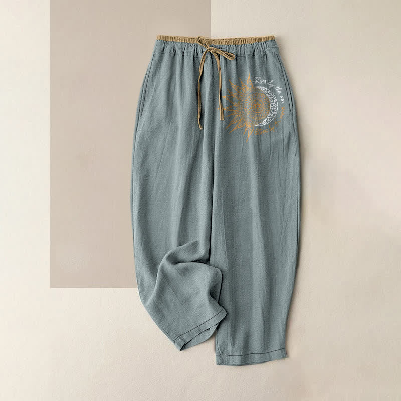 Buddha Stones Pantaloni da donna in puro cotone con elastico in vita e tasche, fantasia mandala sole e luna. - Azzurro chiaro - US16, UK/AU20, EU48 (3XL) - image 8