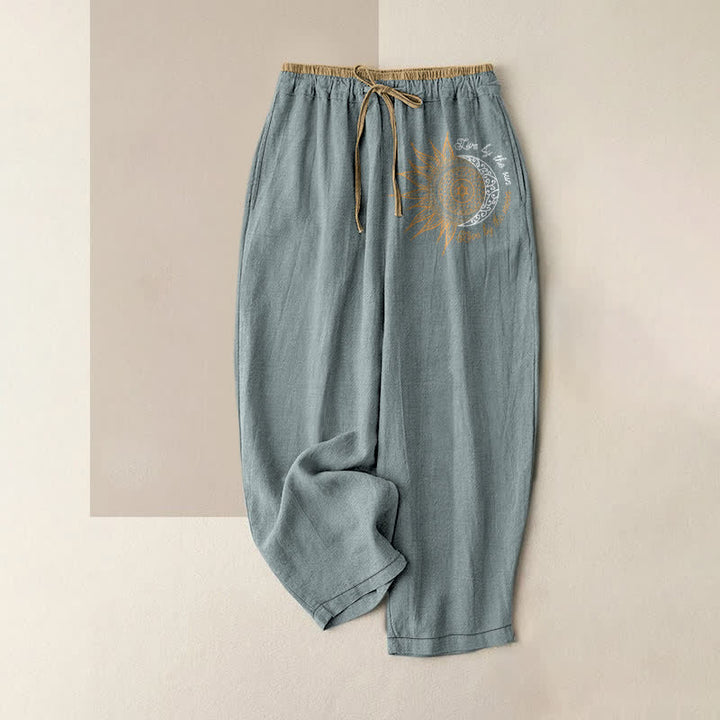 Buddha Stones Pantaloni da donna in puro cotone con elastico in vita e tasche, fantasia mandala sole e luna. - Azzurro chiaro - US16, UK/AU20, EU48 (3XL) - image 8