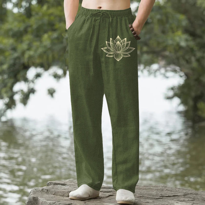 Buddha Stones Pantaloni da uomo affusolati in cotone con motivo loto dorato e tasche. - Verde oliva scuro - US/UK/AU50, EU60 (5XL) - image 4