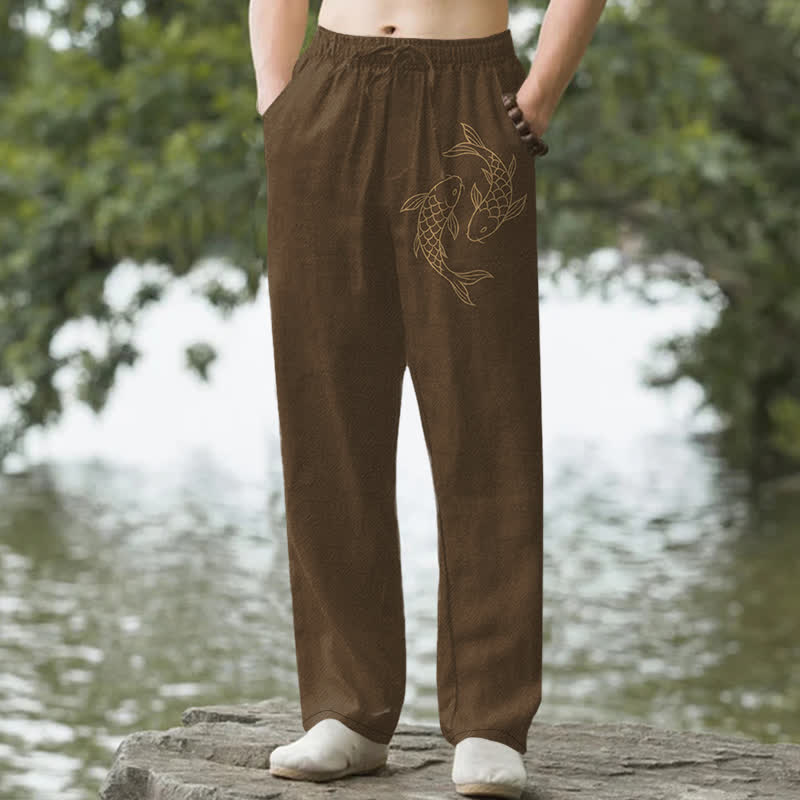 Buddha Stones Pantaloni da uomo affusolati in cotone con fantasia di carpe koi dorate e tasche. - Marrone sella - US/UK/AU50, EU60 (5XL) - image 6