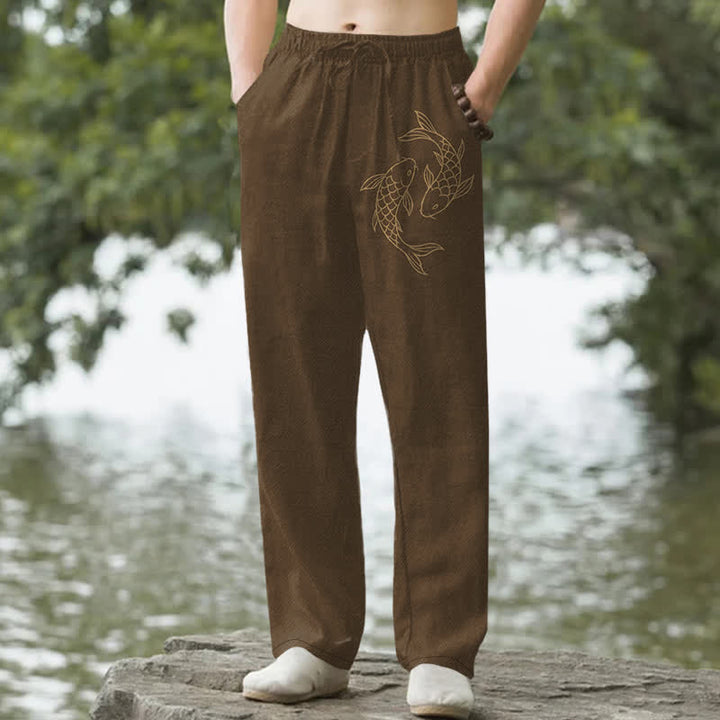Buddha Stones Pantaloni da uomo affusolati in cotone con fantasia di carpe koi dorate e tasche. - Marrone sella - US/UK/AU50, EU60 (5XL) - image 6