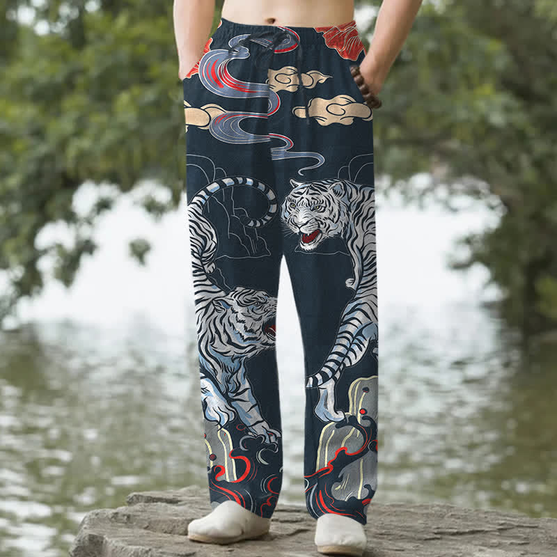 Buddha Stones Pantaloni da uomo affusolati in cotone bianco con fantasia "Tiger Cloud" e tasche. - Marina - US/UK/AU50, EU60 (5XL) - image 4