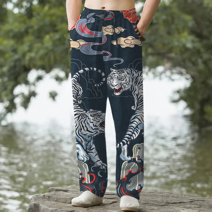 Buddha Stones Pantaloni da uomo affusolati in cotone bianco con fantasia "Tiger Cloud" e tasche. - Marina - US/UK/AU50, EU60 (5XL) - image 4