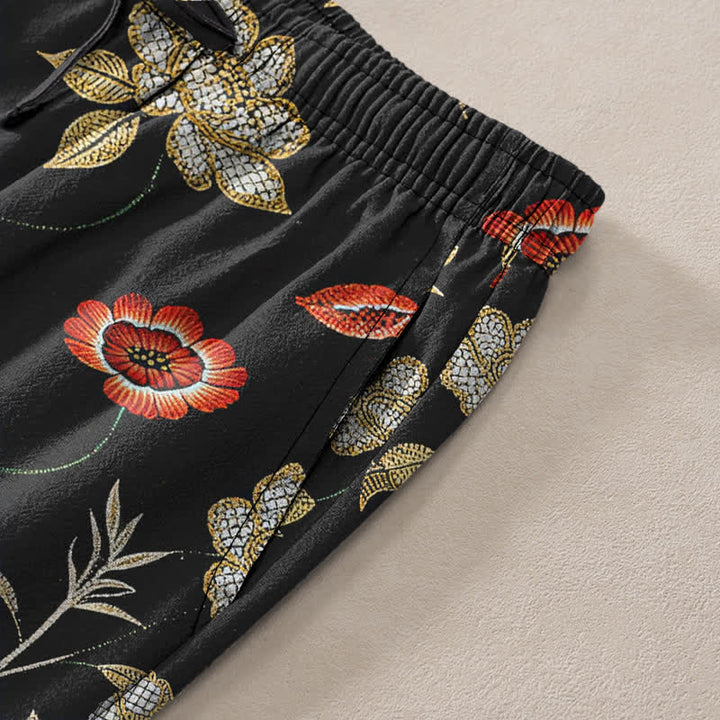 Buddha Stones Pantaloni affusolati da uomo in cotone con stampa floreale a tigre e bambù, con tasche. - image 3
