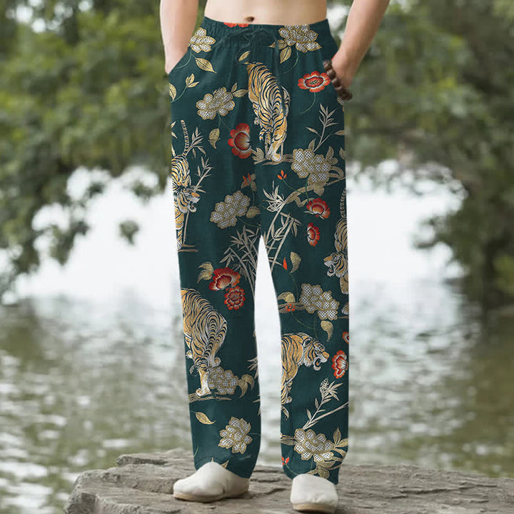 Buddha Stones Pantaloni affusolati da uomo in cotone con stampa floreale a tigre e bambù, con tasche. - Verde acqua - US/UK/AU50, EU60 (5XL) - image 4