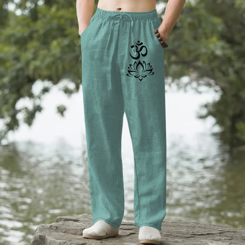 Buddha Stones Pantaloni da uomo affusolati in cotone con motivo loto Om e tasche. - Turchese medio - US/UK/AU50, EU60 (5XL) - image 6