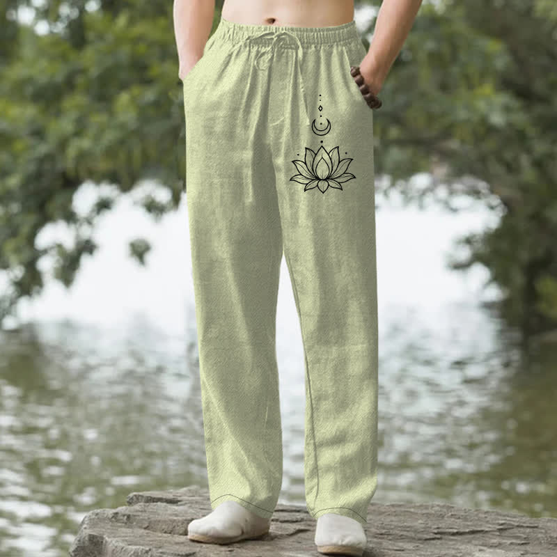 Buddha Stones Pantaloni da uomo affusolati in cotone con motivo loto e luna, con tasche. - Verde chiaro - US/UK/AU50, EU60 (5XL) - image 4