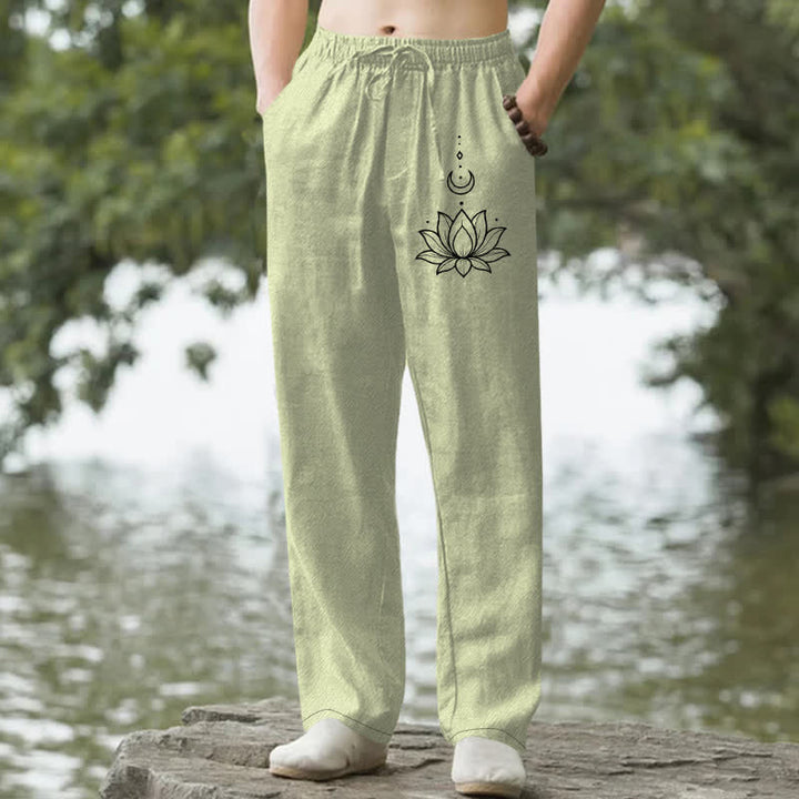 Buddha Stones Pantaloni da uomo affusolati in cotone con motivo loto e luna, con tasche. - Verde chiaro - US/UK/AU50, EU60 (5XL) - image 4