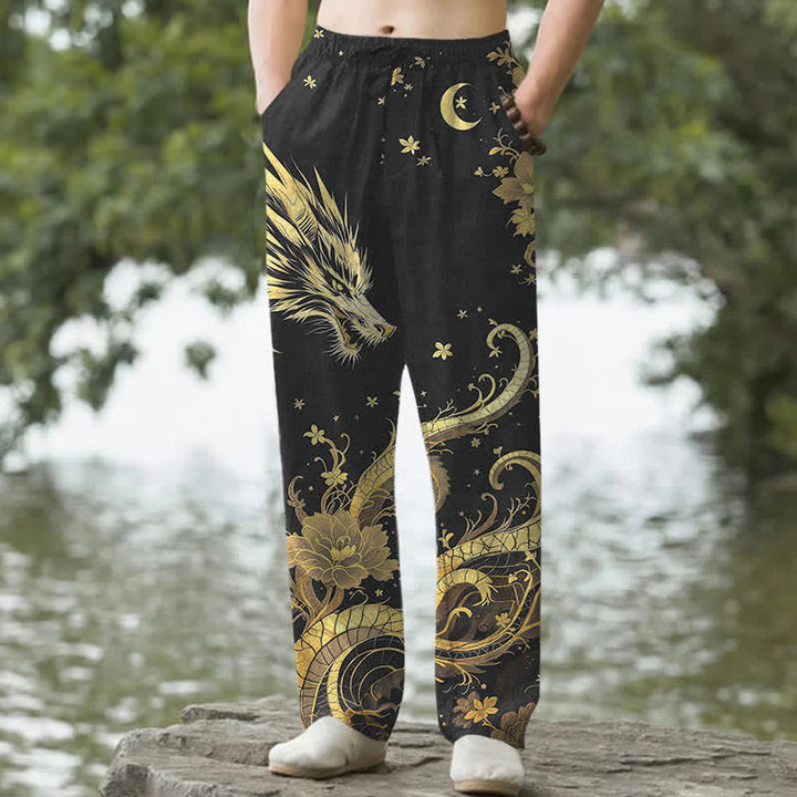 Buddha Stones Pantaloni da uomo affusolati in cotone con motivo drago dorato e nuvole, con tasche. - Nero - US/UK/AU50, EU60 (5XL) - image 0