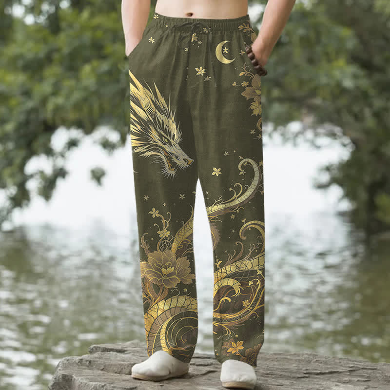 Buddha Stones Pantaloni da uomo affusolati in cotone con motivo drago dorato e nuvole, con tasche. - Verde oliva scuro - US/UK/AU50, EU60 (5XL) - image 6