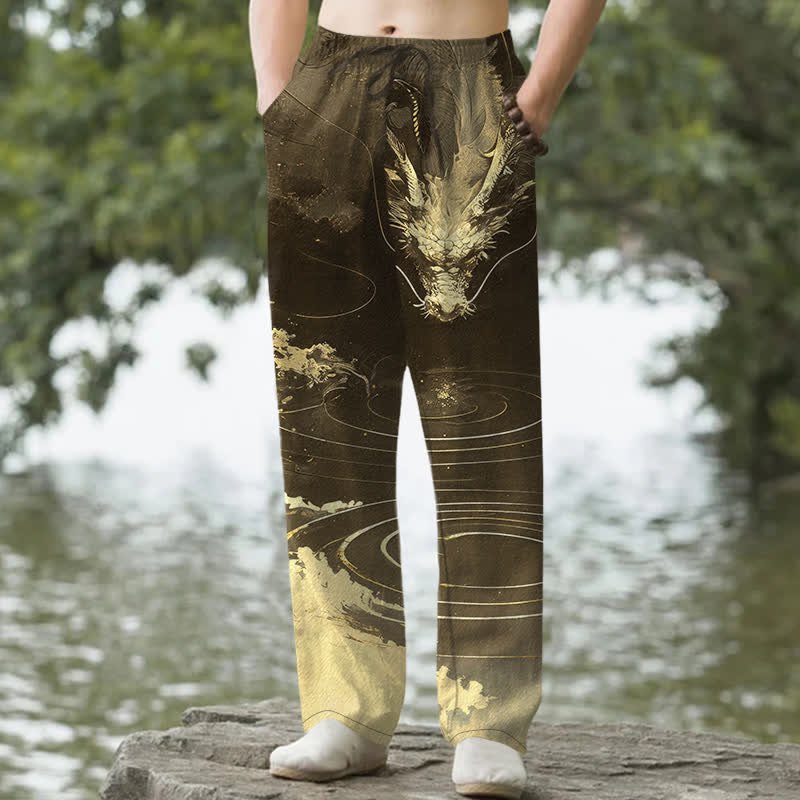 Buddha Stones Pantaloni da uomo affusolati in cotone con motivo a onde di drago dorato e tasche. - Oliva - US/UK/AU50, EU60 (5XL) - image 6