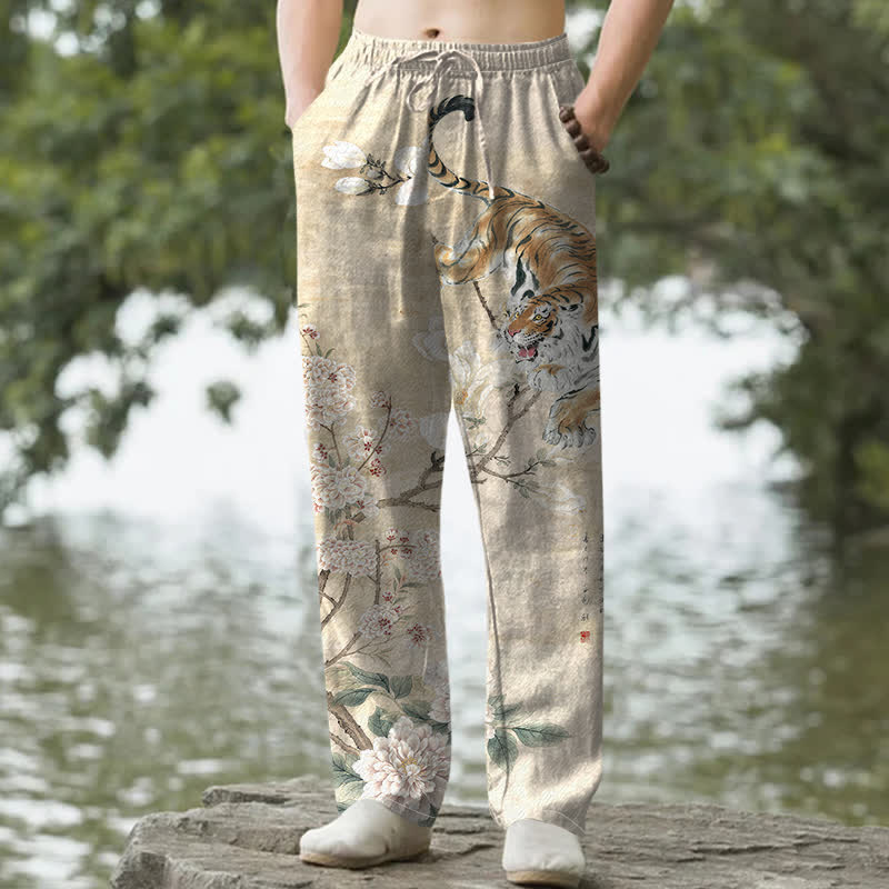 Buddha Stones Pantaloni da uomo affusolati in cotone con stampa floreale vintage a tigre e tasche. - Beige - US/UK/AU50, EU60 (5XL) - image 0