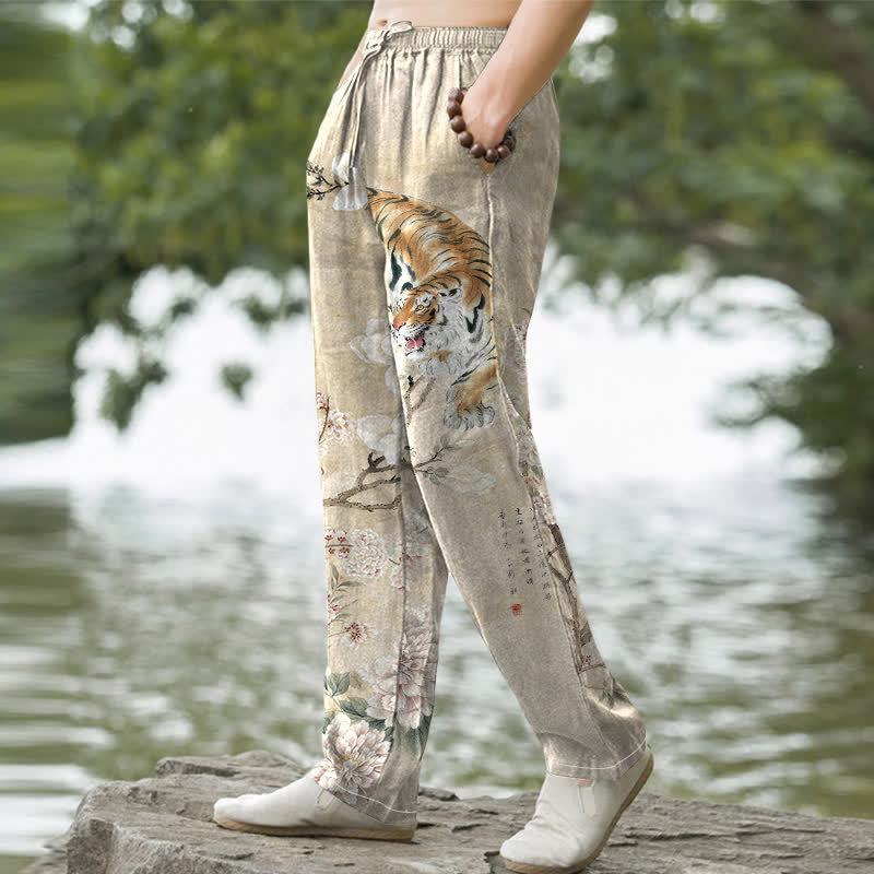 Buddha Stones Pantaloni da uomo affusolati in cotone con stampa floreale vintage a tigre e tasche. - image 1