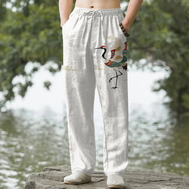 Buddha Stones Pantaloni da uomo affusolati in cotone bianco con motivo a onde e stampa gru, con tasche. - Bianco - US/UK/AU50, EU60 (5XL) - image 0