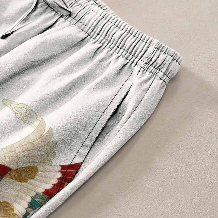 Buddha Stones Pantaloni da uomo affusolati in cotone bianco con motivo a onde e stampa gru, con tasche. - image 3