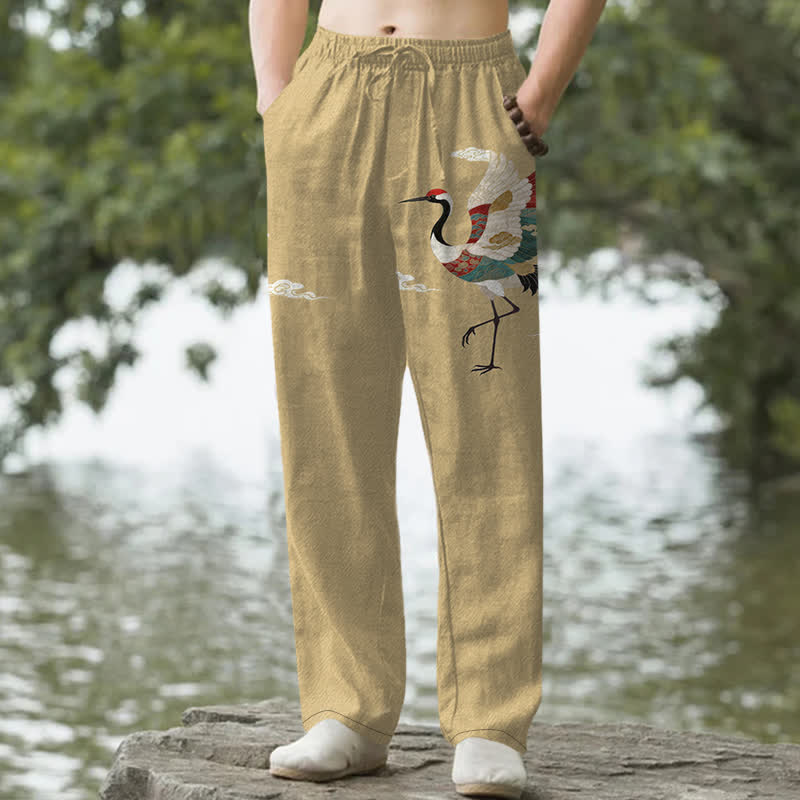 Buddha Stones Pantaloni da uomo affusolati in cotone bianco con motivo a onde e stampa gru, con tasche. - Tan - US/UK/AU50, EU60 (5XL) - image 4